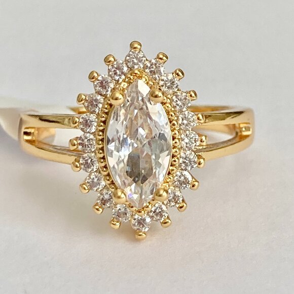 Marquise Cut Cubic Zirconia Halo Cocktail Ring Yellow Gold Plated Size 7 8 9 - Picture 3 of 12